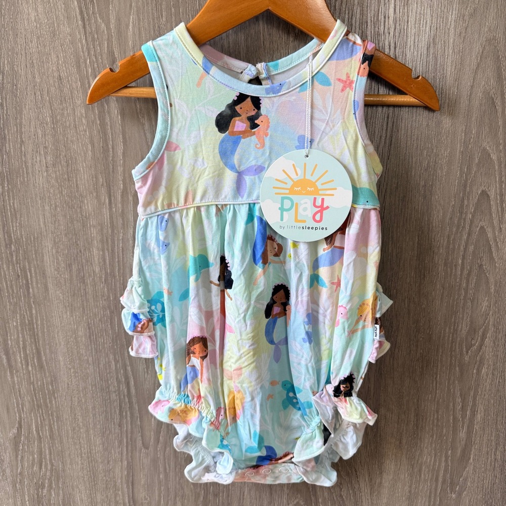 Little Sleepies Play Bubble Romper Girls 12-18M Blue Mystic Mermaids Ruffle NWT